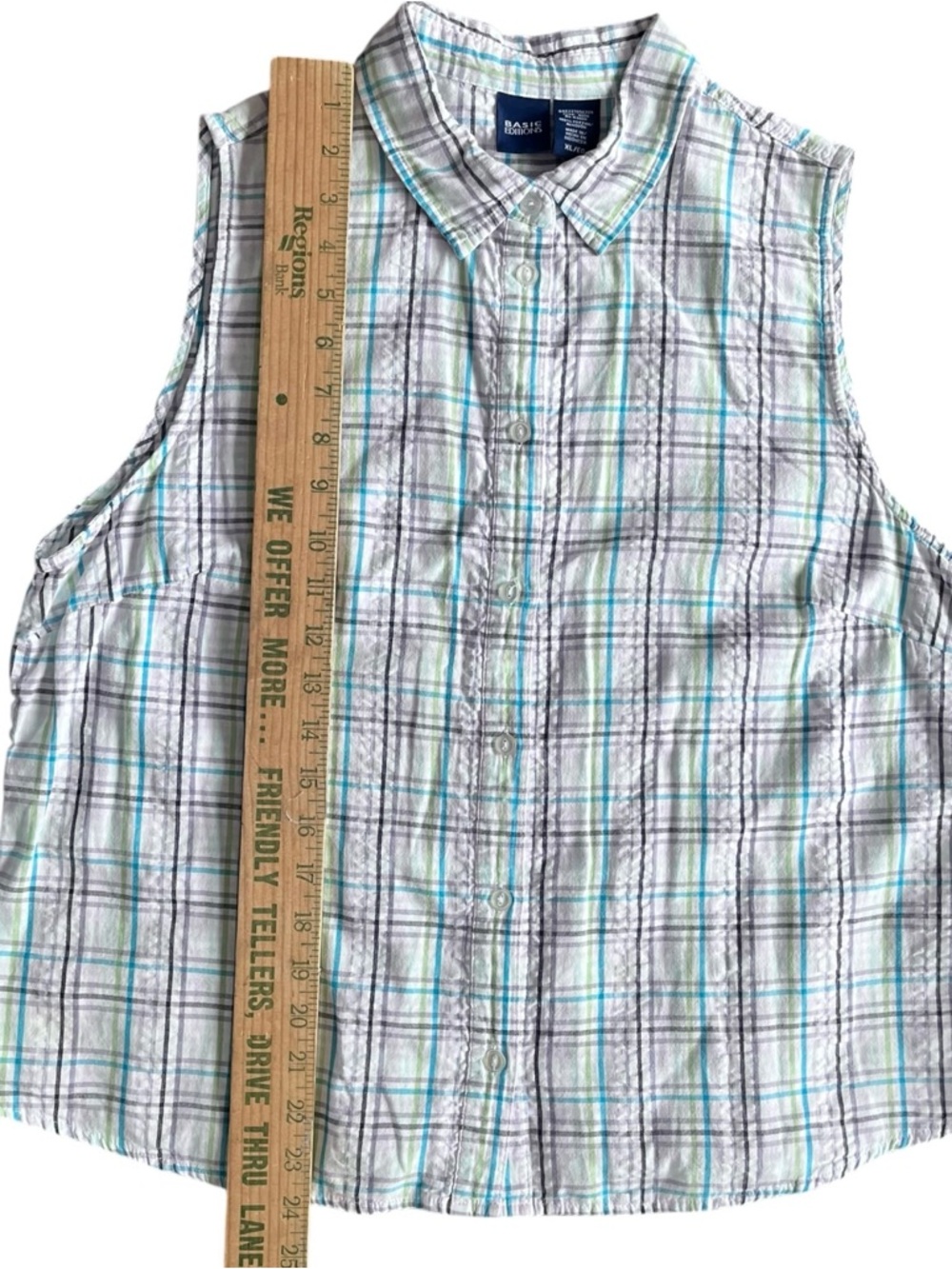 Basic Editions Sleeveless Plaid Button-Up Shirt - White/Blue - Picture 6 of 6